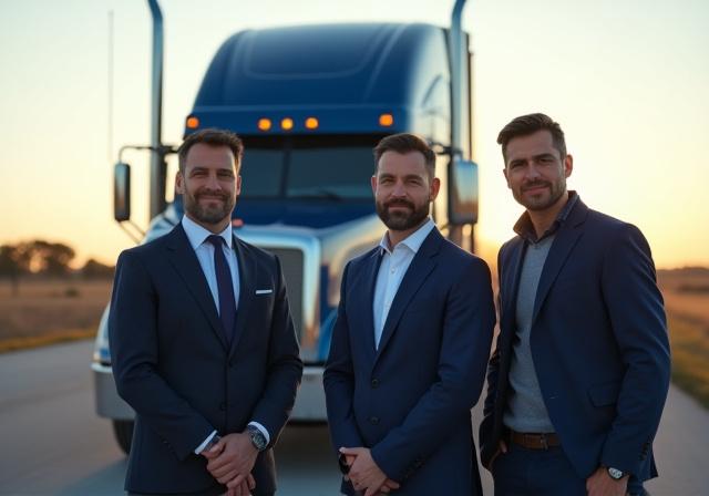 NCS Trucking leadership and fleet professional standing before a modern heavy-duty truck