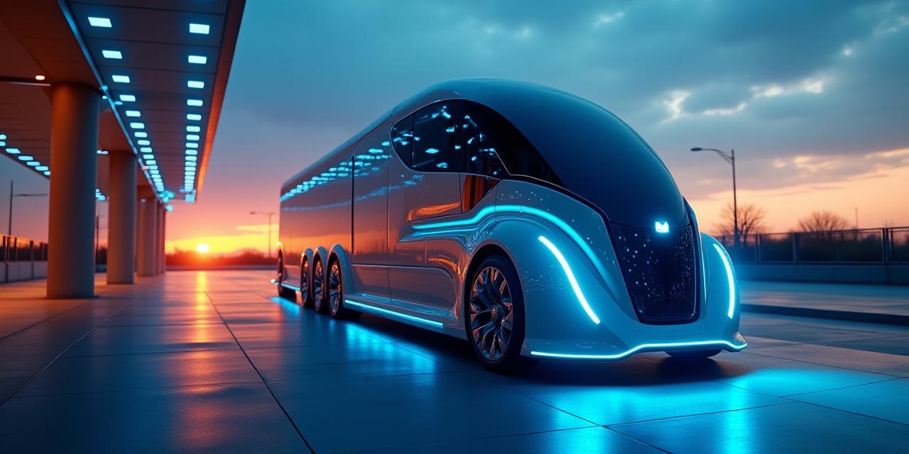 Futuristic concept of clean electric heavy haul trucks in a high-tech terminal