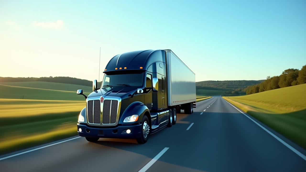 NCS modern logistics truck driving through a clean, lush Virginia landscape