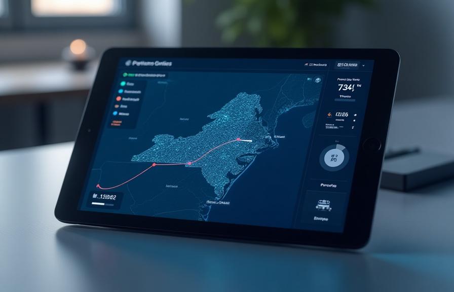 Modern logistics dashboard showing live truck tracking and ETA notifications